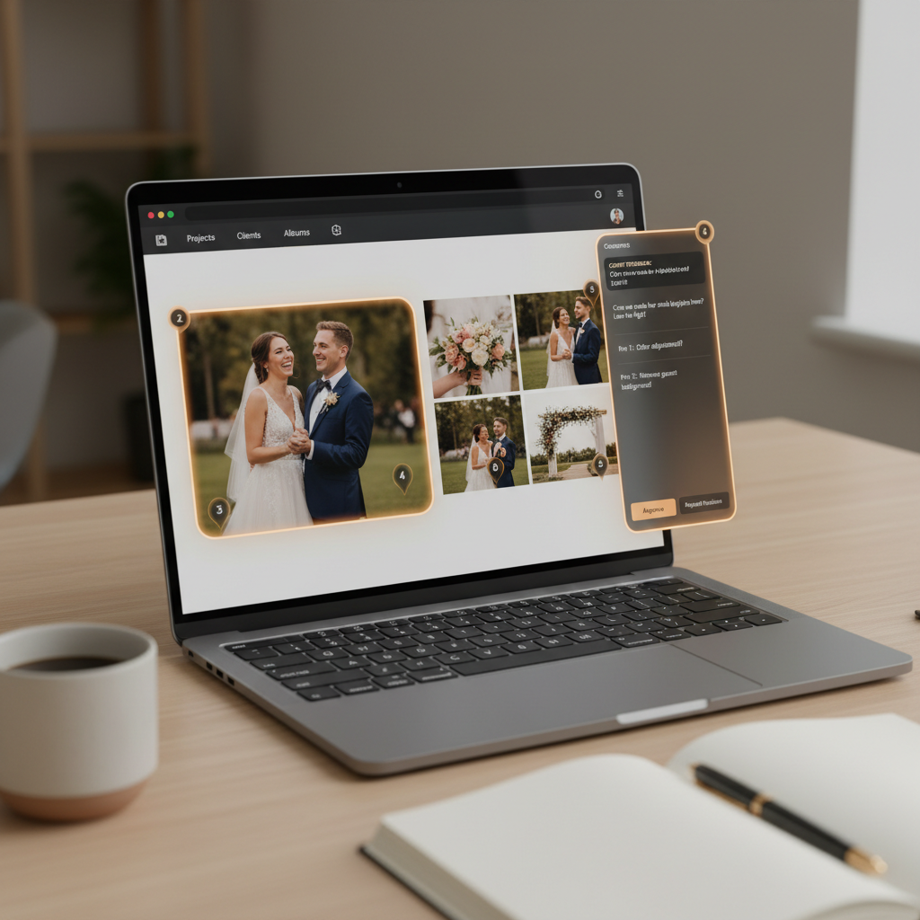 Laptop showing album proofing interface with pinpoint comment markers on photos