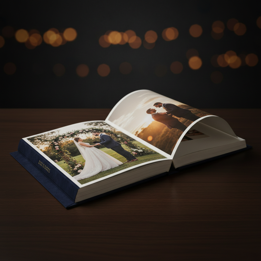 Interactive flipbook viewer showing a wedding album with page-curl animation